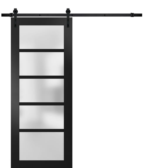 Sturdy Barn Door 42 x 80 inches Frosted Glass | Quadro 4002 Matte Black | Top Mount 8FT Rail Hangers Heavy Hardware Set | Solid Panel Interior Doors