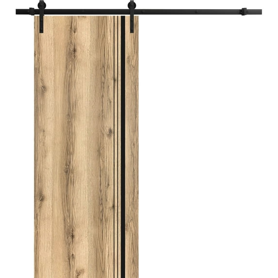 Sturdy Barn Door 42 x 80 inches | Planum 0011 Oak with Frosted Glass | 8FT Rail Hangers Heavy Hardware Set | Solid Panel Interior Doors