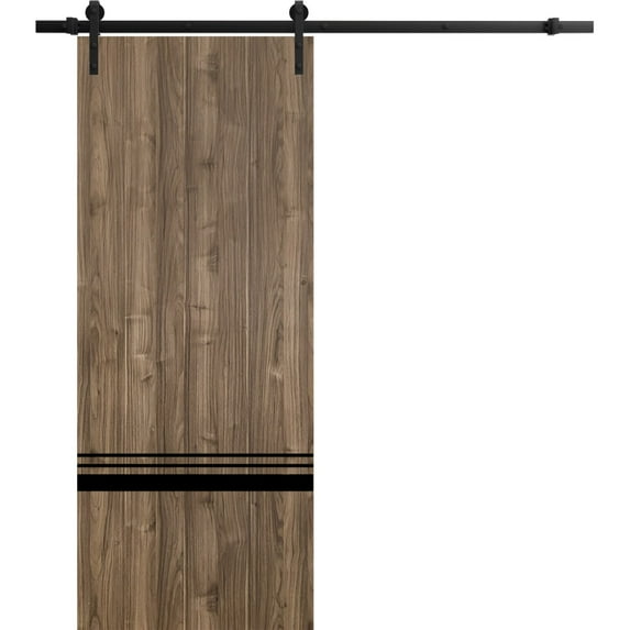 Sturdy Barn Door 42 x 80 inches | Planum 0012 Walnut with Frosted Glass | 8FT Rail Hangers Heavy Hardware Set | Solid Panel Interior Doors