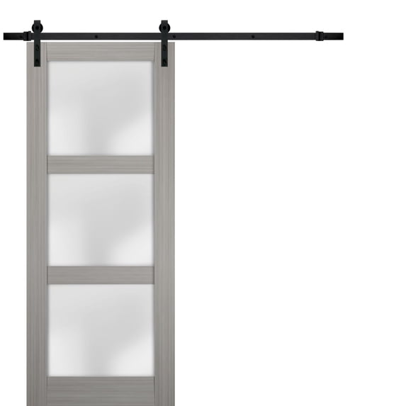 Sturdy Barn Door 42 x 84 inches Frosted Glass | Lucia 2552 Grey Ash | Top Mount 8FT Rail Hangers Heavy Hardware Set | Solid Panel Interior Doors