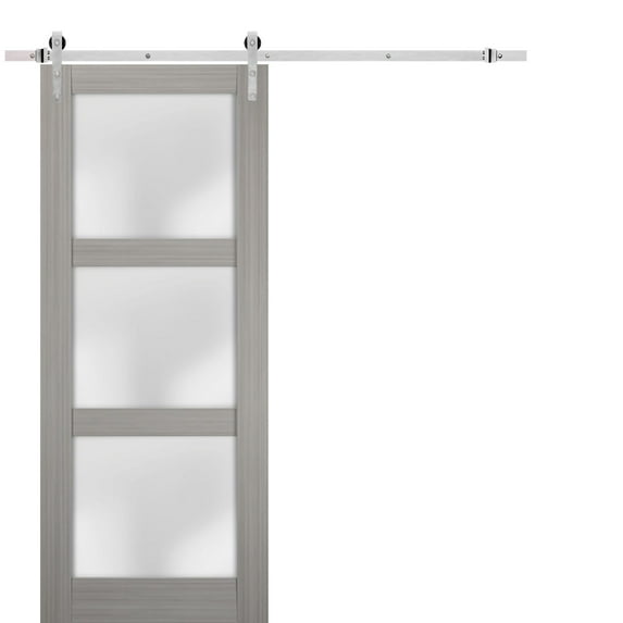 Sturdy Barn Door 42 x 84 inches Frosted Glass | Lucia 2552 Grey Ash | Top Mount Stainless Steel 8FT Rail Hangers Heavy Set | Solid Panel Interior Doors