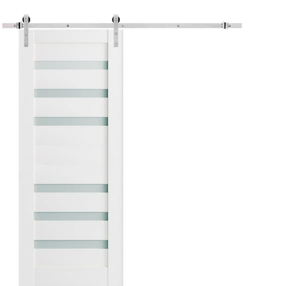 Sturdy Barn Door 42 x 84 inches Frosted Glass | Quadro 4266 White Silk | Top Mount Stainless Steel 8FT Rail Hangers Heavy Set | Solid Panel Interior Doors