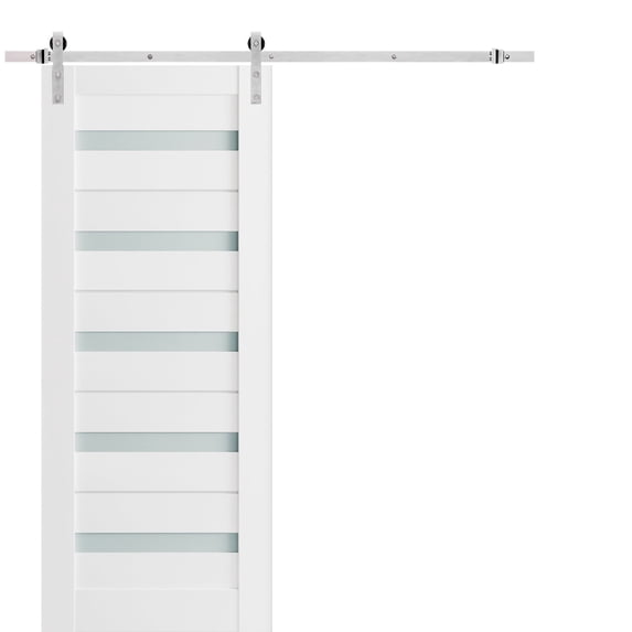 Sturdy Barn Door 42 x 84 inches Frosted Glass | Quadro 4445 White Silk | Top Mount Stainless Steel 8FT Rail Hangers Heavy Set | Solid Panel Interior Doors
