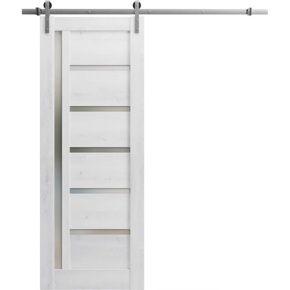 Sturdy Barn Door 42 x 84 inches | Quadro 4088 Nordic White with Frosted Glass | Stainless Steel 8FT Rail Hangers Heavy Set | Solid Panel Interior Doors