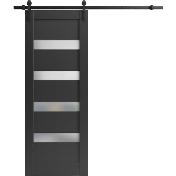 Sturdy Barn Door 42 x 96 inches | Quadro 4113 Matte Black Frosted Glass | 8FT Rail Hangers Heavy Hardware Set | Solid Panel Interior Doors