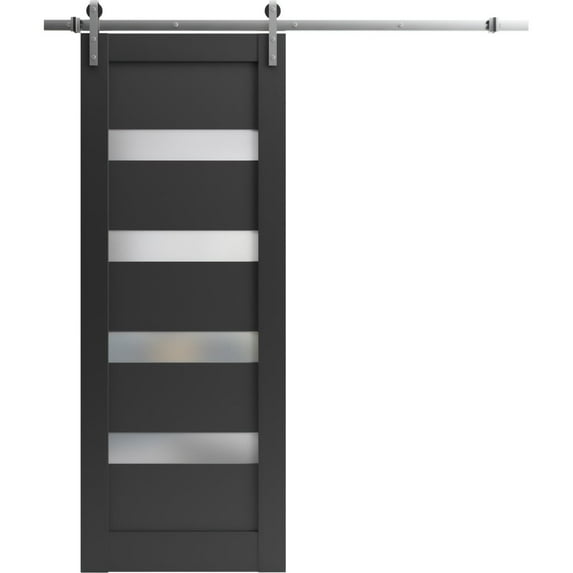 Sturdy Barn Door 42 x 96 inches | Quadro 4113 Matte Black Frosted Glass | Stainless Steel 8FT Rail Hangers Heavy Set | Solid Panel Interior Doors