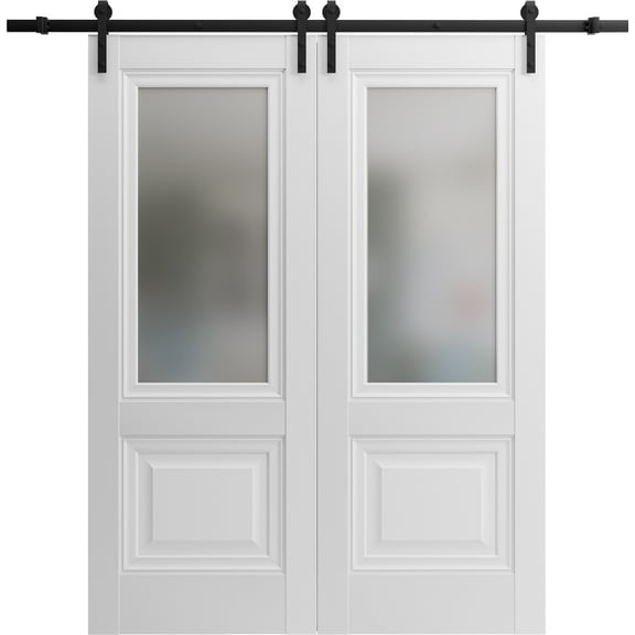 Sturdy Barn Door 42 x 96 inches | Sete 6933 Nordic White with Frosted Glass | Stainless Steel 8FT Rail Hangers Heavy Set | Solid Panel Interior Doors