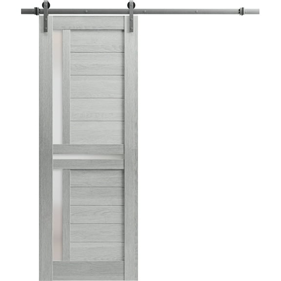 Sturdy Barn Door 42 x 96 inches | Veregio 7288 Light Grey Oak with Frosted Glass | Stainless Steel 8FT Rail Hangers Heavy Set | Solid Panel Interior Doors