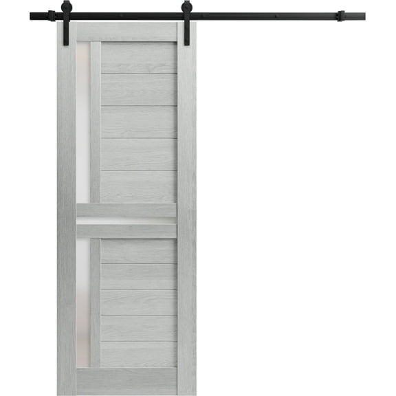 Sturdy Barn Door 42 x 96 inches | Veregio 7288 Light Grey Oak with Frosted Glass | 8FT Rail Hangers Heavy Hardware Set | Solid Panel Interior Doors