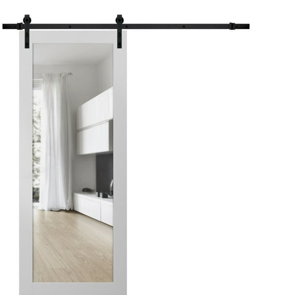 Sturdy Barn Door Clear Tempered Glass | Lucia 2166 White Silk | 6.6FT Black Rail Hangers Heavy Hardware Set | Modern Solid Panel Interior Doors-36" x 96"-Clear Glass-Black Rail