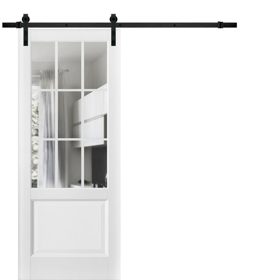 Sturdy Barn Door | Felicia 3599 White Silk with Clear Glass | 6.6FT Rail Hangers Heavy Hardware Set | Solid Panel Interior Doors-30" x 84"-Clear Glass-Black Rail