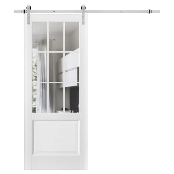 Sturdy Barn Door | Felicia 3599 White Silk with Clear Glass | 6.6FT Rail Hangers Heavy Hardware Set | Solid Panel Interior Doors-36" x 96"-Clear Glass-Silver Rail