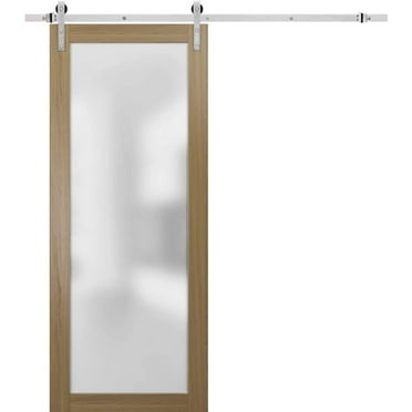 Sturdy Barn Door Frosted Glass with Hardware | Planum 2102 Honey Ash | Stainless Steel 6.6FT Rail Hangers Heavy Set | Modern Solid Panel Interior Doors -36" x 96"-Silver Rail