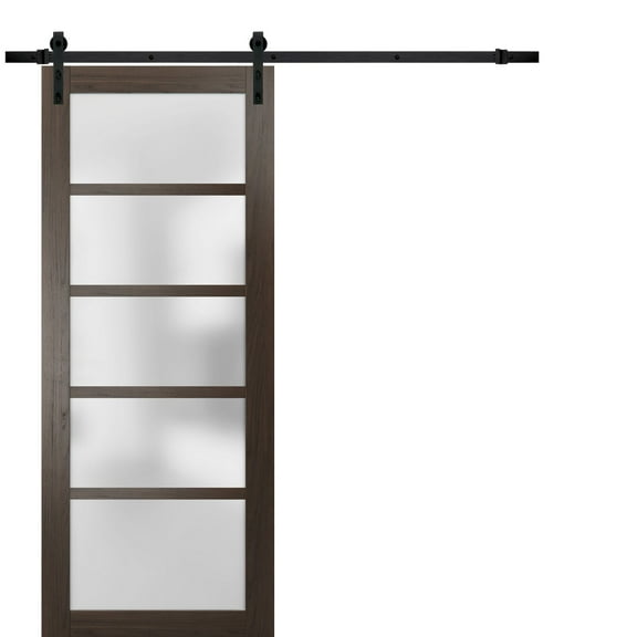 Sturdy Barn Door Frosted Glass | Quadro 4002 Chocolate Ash | 6.6FT Rail Hangers Heavy Hardware Set | Solid Panel Interior Doors-36" x 96"-Black Rail
