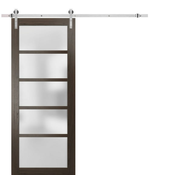 Sturdy Barn Door Frosted Glass | Quadro 4002 Chocolate Ash | 6.6FT Rail Hangers Heavy Hardware Set | Solid Panel Interior Doors-36" x 96"-Silver Rail