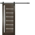 thumbnail image 1 of Sturdy Barn Door Frosted Glass | Quadro 4088 Chocolate Ash | 6.6FT Rail Hangers Heavy Hardware Set | Solid Panel Interior Doors-36" x 84"-Black Rail, 1 of 6