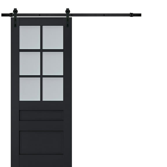 Sturdy Barn Door Frosted Glass | Veregio 7339 Antracite | 6.6FT Rail Hangers Heavy Hardware Set | Solid Panel Interior Doors-36" x 96"-Black Rail