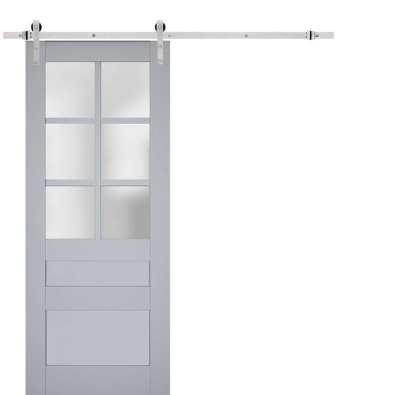 Sturdy Barn Door Frosted Glass | Veregio 7339 Matte Grey | 6.6FT Rail Hangers Heavy Hardware Set | Solid Panel Interior Doors-36" x 96"-Silver Rail