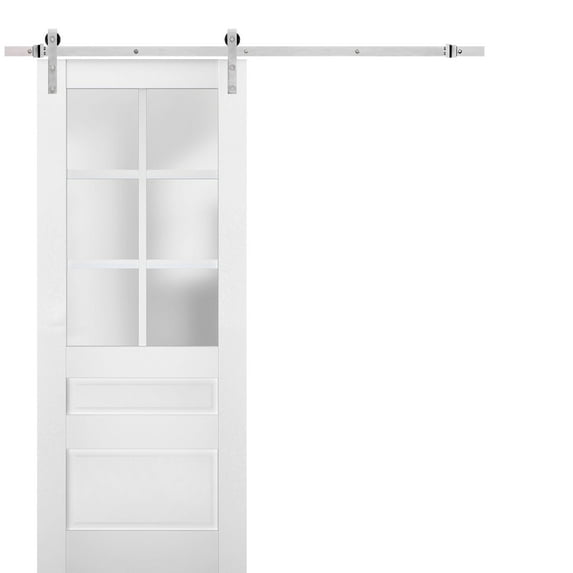 Sturdy Barn Door Frosted Glass | Veregio 7339 White Silk | 6.6FT Rail Hangers Heavy Hardware Set | Solid Panel Interior Doors-30" x 80"-Silver Rail