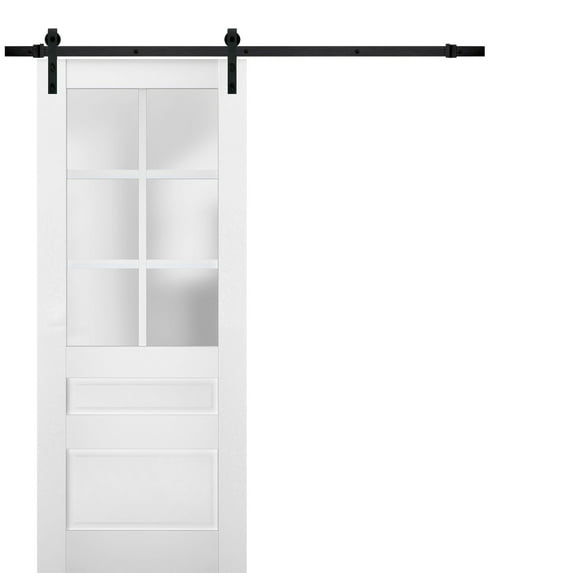 Sturdy Barn Door Frosted Glass | Veregio 7339 White Silk | 6.6FT Rail Hangers Heavy Hardware Set | Solid Panel Interior Doors-32" x 84"-Black Rail