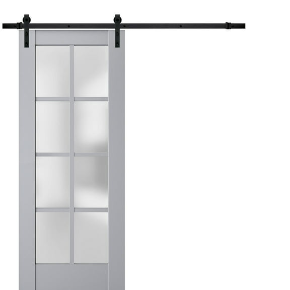 Sturdy Barn Door Frosted Glass | Veregio 7412 Matte Grey | 6.6FT Rail Hangers Heavy Hardware Set | Solid Panel Interior Doors-36" x 96"-Black Rail