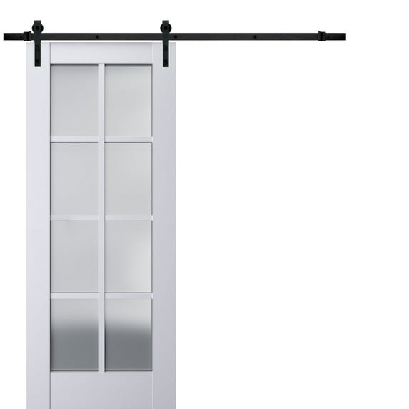 Sturdy Barn Door Frosted Glass | Veregio 7412 White Silk | 6.6FT Rail Hangers Heavy Hardware Set | Solid Panel Interior Doors-32" x 96"-Black Rail