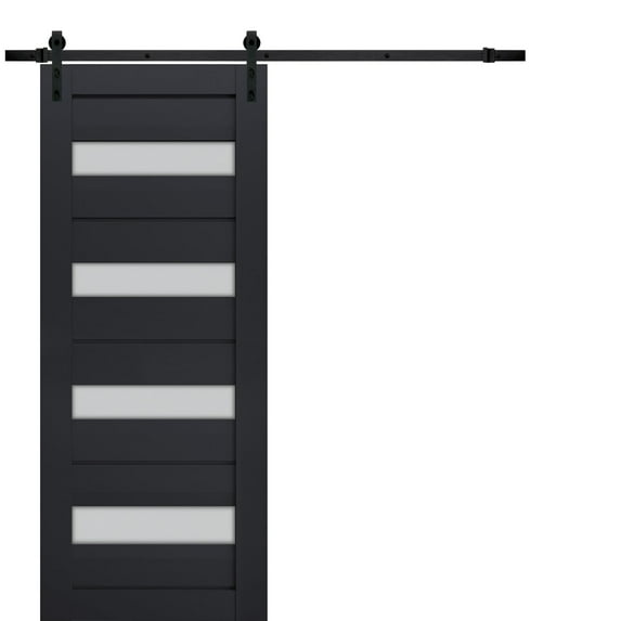 Sturdy Barn Door Frosted Glass | Veregio 7455 Antracite | 6.6FT Rail Hangers Heavy Hardware Set | Solid Panel Interior Doors-24" x 96"-Black Rail