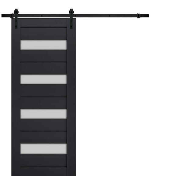 Sturdy Barn Door Frosted Glass | Veregio 7455 Antracite | 6.6FT Rail Hangers Heavy Hardware Set | Solid Panel Interior Doors-36" x 96"-Black Rail