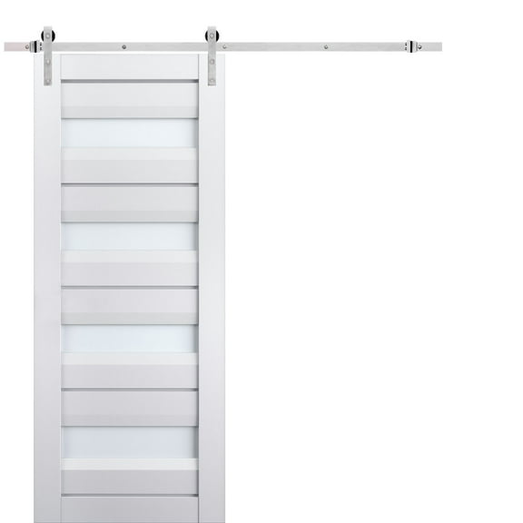 Sturdy Barn Door Frosted Glass | Veregio 7455 White Silk | 6.6FT Rail Hangers Heavy Hardware Set | Solid Panel Interior Doors-36" x 96"-Silver Rail