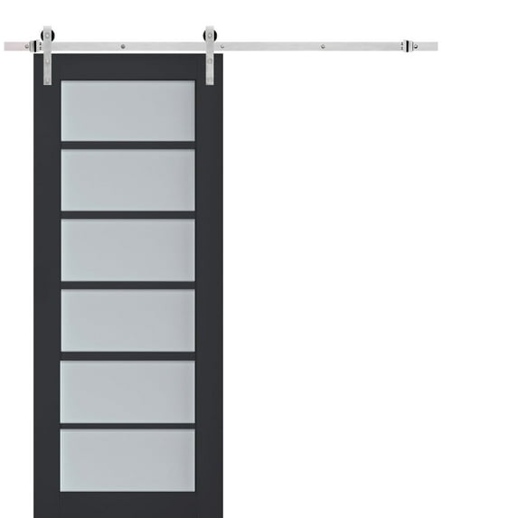 Sturdy Barn Door Frosted Glass | Veregio 7602 Antracite | 6.6FT Rail Hangers Heavy Hardware Set | Solid Panel Interior Doors-24" x 96"-Silver Rail