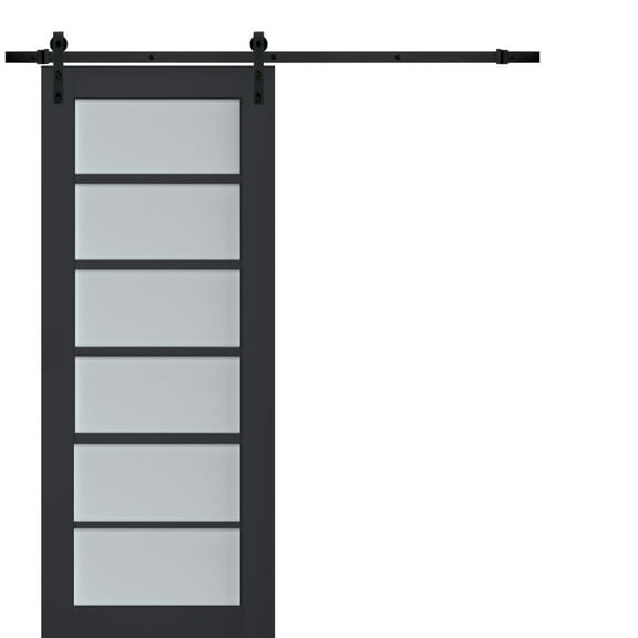 Sturdy Barn Door Frosted Glass | Veregio 7602 Antracite | 6.6FT Rail Hangers Heavy Hardware Set | Solid Panel Interior Doors-36" x 96"-Black Rail