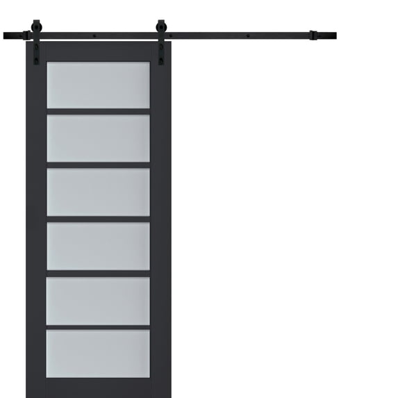 Sturdy Barn Door Frosted Glass | Veregio 7602 Antracite | 6.6FT Rail Hangers Heavy Hardware Set | Solid Panel Interior Doors-42" x 80"-Black Rail