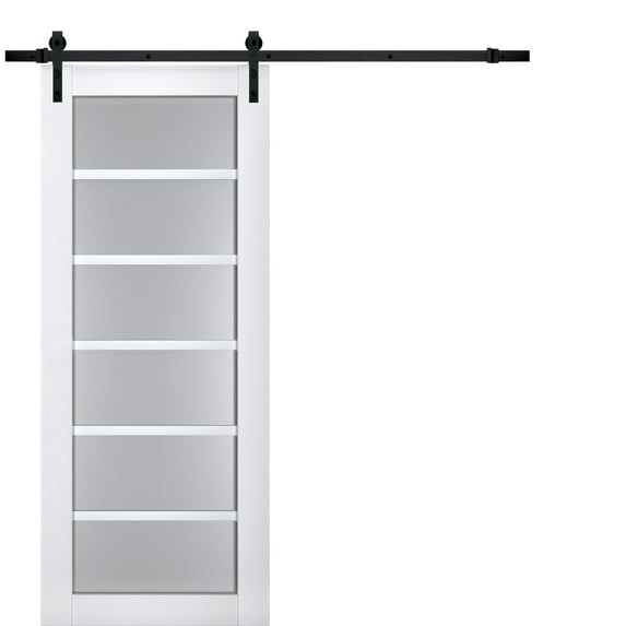 Sturdy Barn Door Frosted Glass | Veregio 7602 White Silk | 6.6FT Rail Hangers Heavy Hardware Set | Solid Panel Interior Doors-42" x 80"-Black Rail