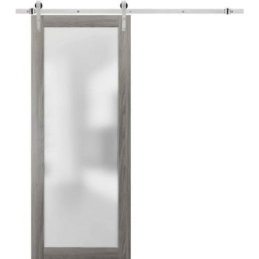 Sturdy Barn Door Frosted Tempered Glass | Planum 2102 Ginger Ash | 6.6FT Silver Rail Hangers Heavy Hardware Set | Modern Solid Panel Interior Doors-28" x 96"-Silver Rail