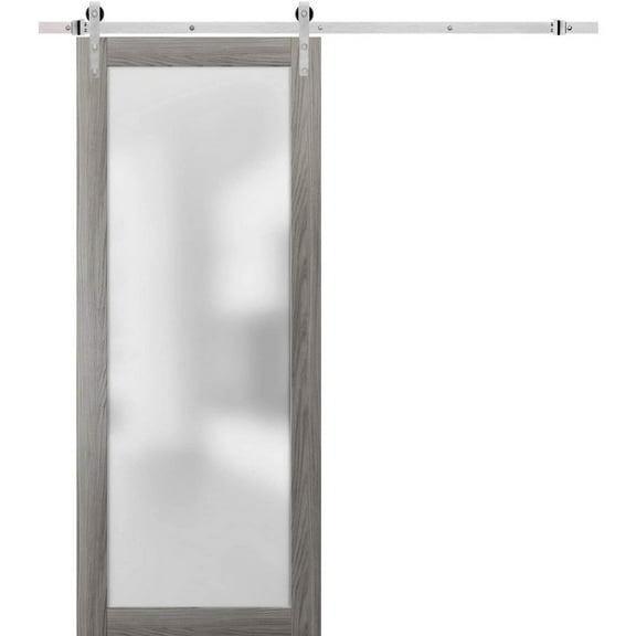 Sturdy Barn Door Frosted Tempered Glass | Planum 2102 Ginger Ash | 6.6FT Silver Rail Hangers Heavy Hardware Set | Modern Solid Panel Interior Doors-36" x 96"-Silver Rail