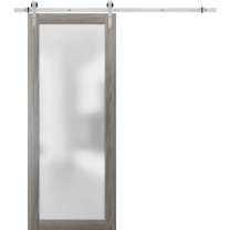 Sturdy Barn Door Frosted Tempered Glass | Planum 2102 Ginger Ash | 6.6FT Silver Rail Hangers Heavy Hardware Set | Modern Solid Panel Interior Doors-36" x 96"-Silver Rail