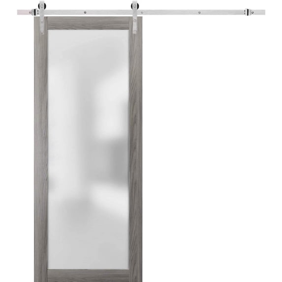 Sturdy Barn Door Frosted Tempered Glass | Planum 2102 Ginger Ash | 6.6FT Silver Rail Hangers Heavy Hardware Set | Modern Solid Panel Interior Doors-42" x 96"-Silver Rail