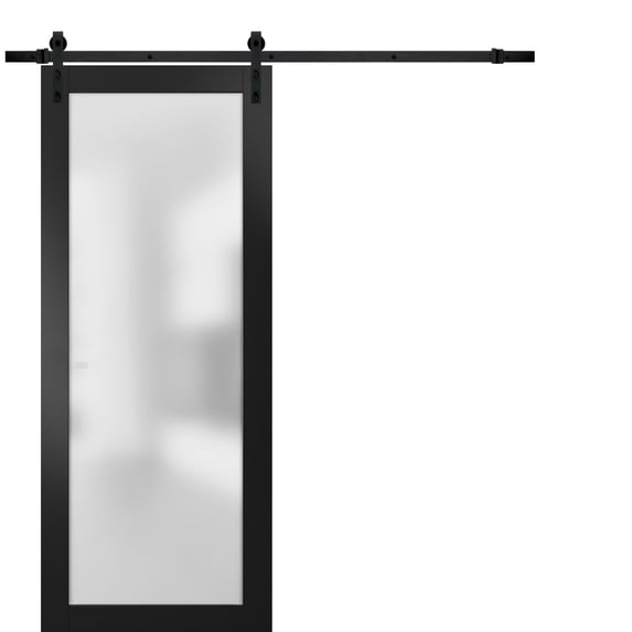 Sturdy Barn Door Frosted Tempered Glass | Planum 2102 Matte Black | 6.6FT Black Rail Hangers Heavy Hardware Set | Modern Solid Panel Interior Doors -42" x 84"-Black Rail