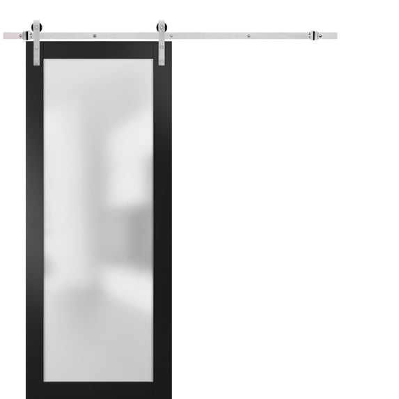 Sturdy Barn Door Frosted Tempered Glass | Planum 2102 Matte Black | 6.6FT Silver Rail Hangers Heavy Hardware Set | Modern Solid Panel Interior Doors -28" x 96"-Silver Rail