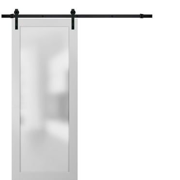 Sturdy Barn Door Frosted Tempered Glass | Planum 2102 White Silk | 6.6FT Black Rail Hangers Heavy Hardware Set | Modern Solid Panel Interior Doors-28" x 80"-Frosted Glass-Black Rail