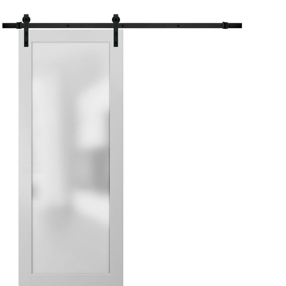 Sturdy Barn Door Frosted Tempered Glass | Planum 2102 White Silk | 6.6FT Black Rail Hangers Heavy Hardware Set | Modern Solid Panel Interior Doors-36" x 96"-Frosted Glass-Black Rail