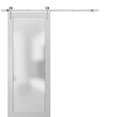thumbnail image 1 of Sturdy Barn Door Frosted Tempered Glass | Planum 2102 White Silk | 6.6FT Silver Rail Hangers Heavy Hardware Set | Modern Solid Panel Interior Doors-36" x 80"-Frosted Glass-Silver Rail, 1 of 6