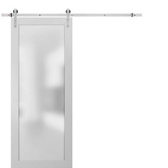 Sturdy Barn Door Frosted Tempered Glass | Planum 2102 White Silk | 6.6FT Silver Rail Hangers Heavy Hardware Set | Modern Solid Panel Interior Doors-36" x 80"-Frosted Glass-Silver Rail