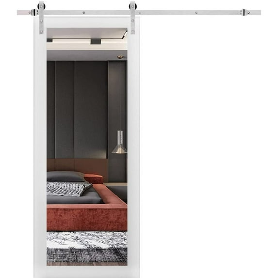 Sturdy Barn Door | Lucia 1299 White Silk | 6.6FT Rail Hangers Heavy Hardware Set | Modern Solid Panel Interior Doors-36" x 80"-Mirror-Silver Rail