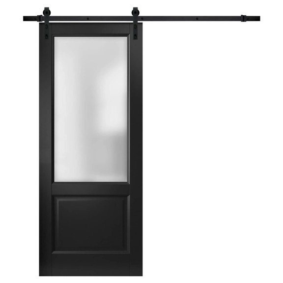Sturdy Barn Door | Lucia 22 Matte Black with Frosted Glass | 6.6FT Rail Hangers Heavy Hardware Set | Solid Panel Interior Doors