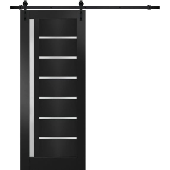 Sturdy Barn Door | Quadro 4088 Matte Black with Frosted Glass | 6.6FT Rail Hangers Heavy Hardware Set | Solid Panel Interior Doors