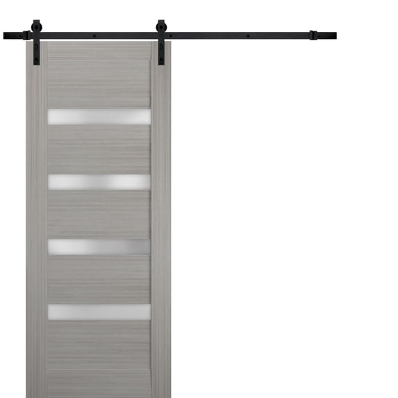 Sturdy Barn Door | Quadro 4113 Grey Ash with Frosted Glass | 6.6FT Rail Hangers Heavy Hardware Set | Solid Panel Interior Doors-30" x 80"-Black Rail