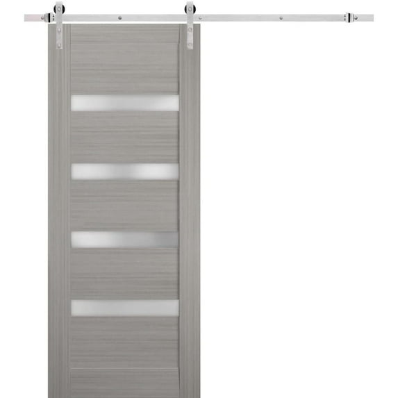 Sturdy Barn Door | Quadro 4113 Grey Ash with Frosted Glass | 6.6FT Rail Hangers Heavy Hardware Set | Solid Panel Interior Doors-36" x 80"-Silver Rail