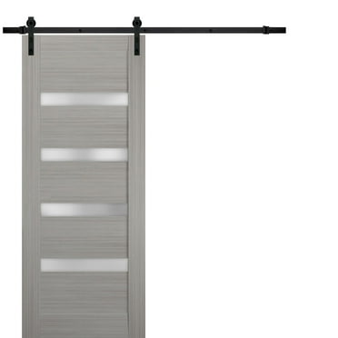 Sturdy Barn Door | Quadro 4113 Grey Ash with Frosted Glass | 6.6FT Rail Hangers Heavy Hardware Set | Solid Panel Interior Doors-36" x 96"-Black Rail