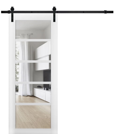 Sturdy Barn Door | Quadro 4522 White Silk with Clear Glass | 6.6FT Rail Hangers Heavy Hardware Set | Solid Panel Interior Doors-24" x 84"-Clear Glass-Black Rail